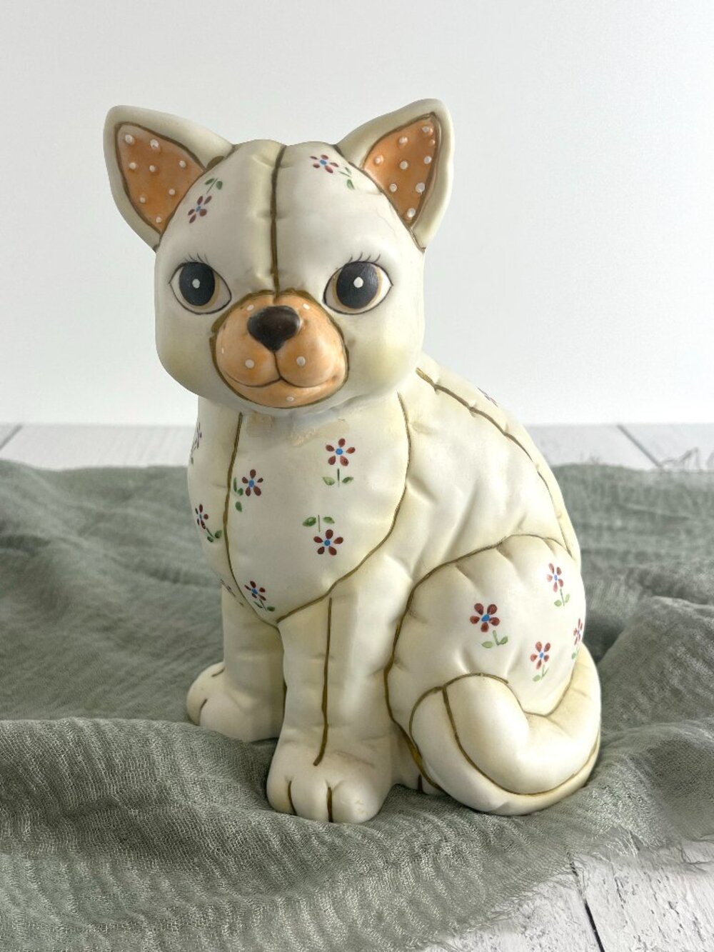 Vintage Lefton Patchwork Cat Figurine #06151 1980s Ceramic Floral Kitty